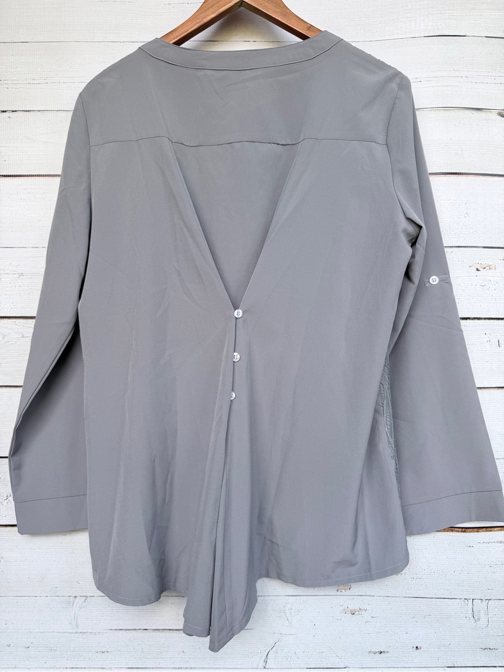 Sheer Floral Lace Overlay Split V-Neck Henley Blouse - Large - Picture 5 of 5